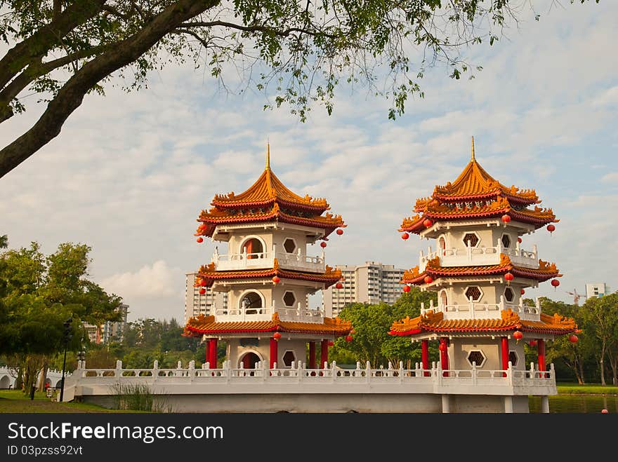 Double Oriental pagodas with traditional architectural styles.