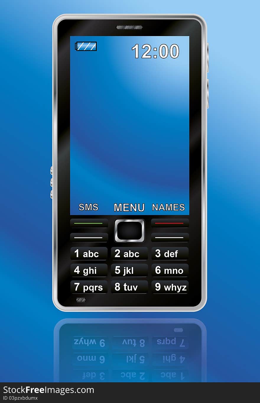 Mobile phone with large screen and buttons on blue background.