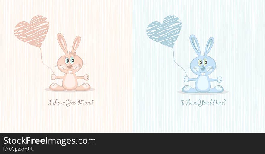 Two postcards of cute pink and blue love rabbit with heart. Illustration. Two postcards of cute pink and blue love rabbit with heart. Illustration.