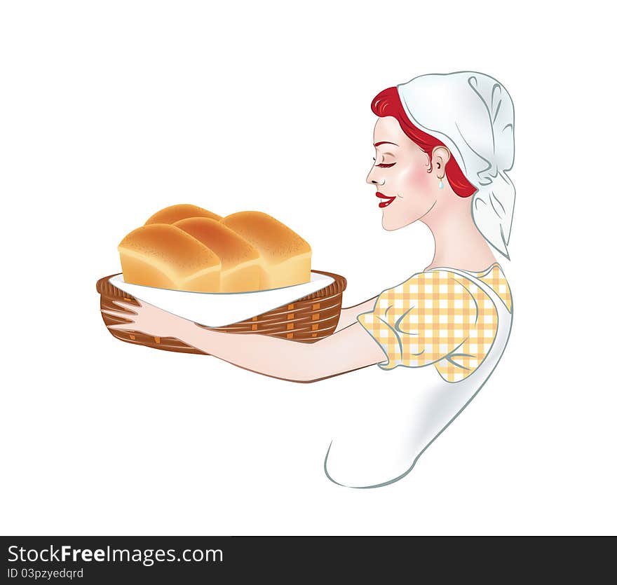 Illustration of a girl - a baker, which carries the basket of a few loaves of bread