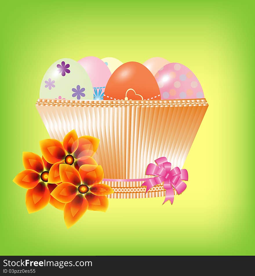 Basket with Easter eggs on a green background