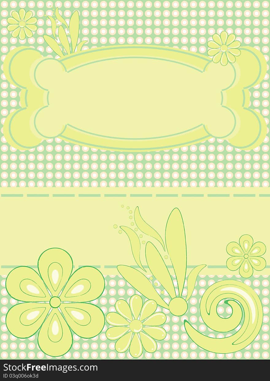 Greeting card with flower pattern and floral frame. Greeting card with flower pattern and floral frame