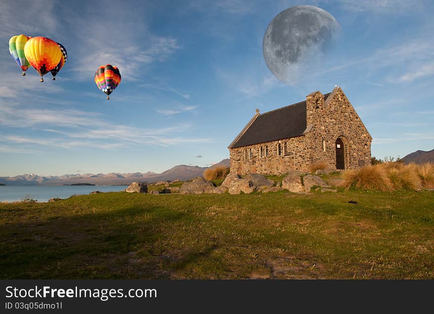 Moon and Hot air ballloon over Church of the Good Shepherd, Lake Tekapo, New Zealand