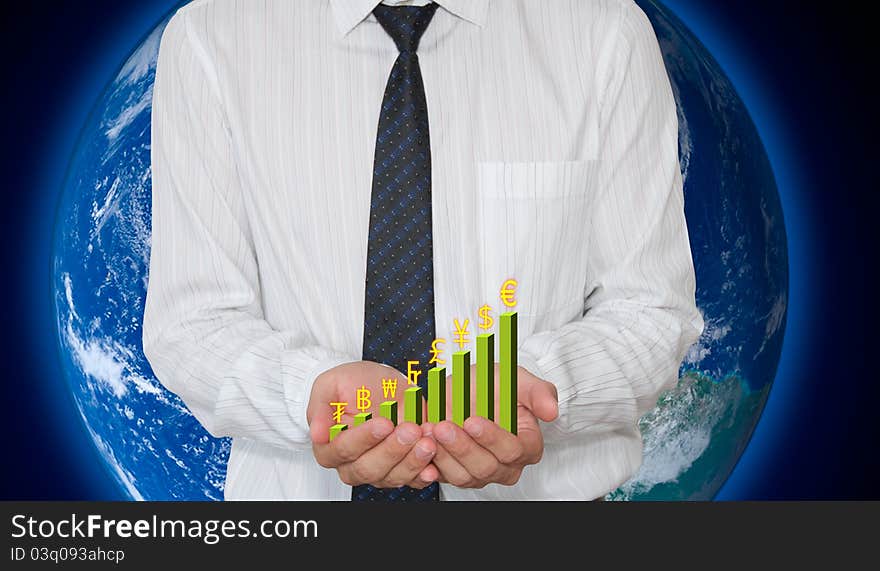 Currency graph on hand with earth background