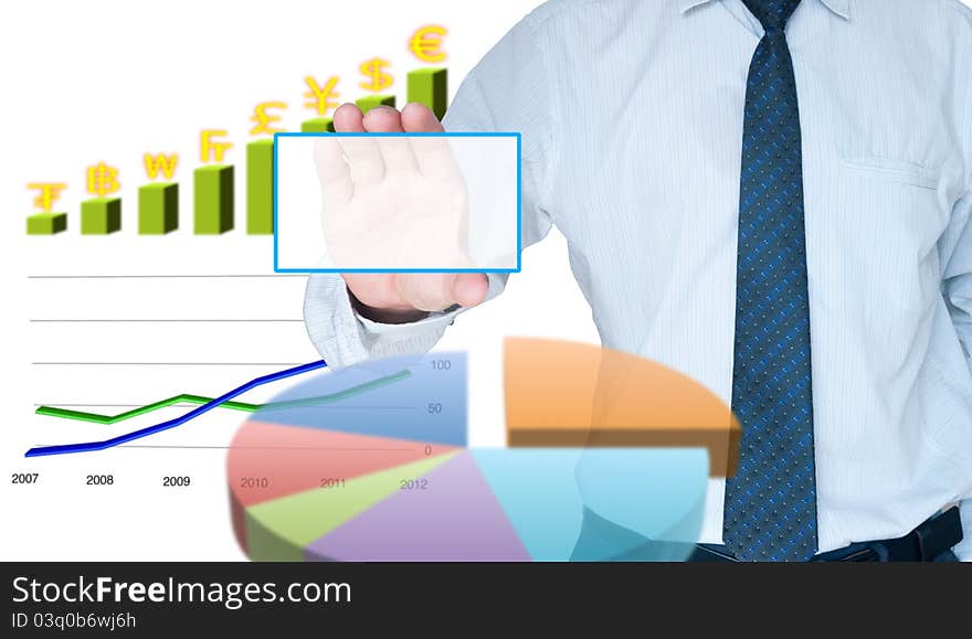 Businessman holding card surround with business graph