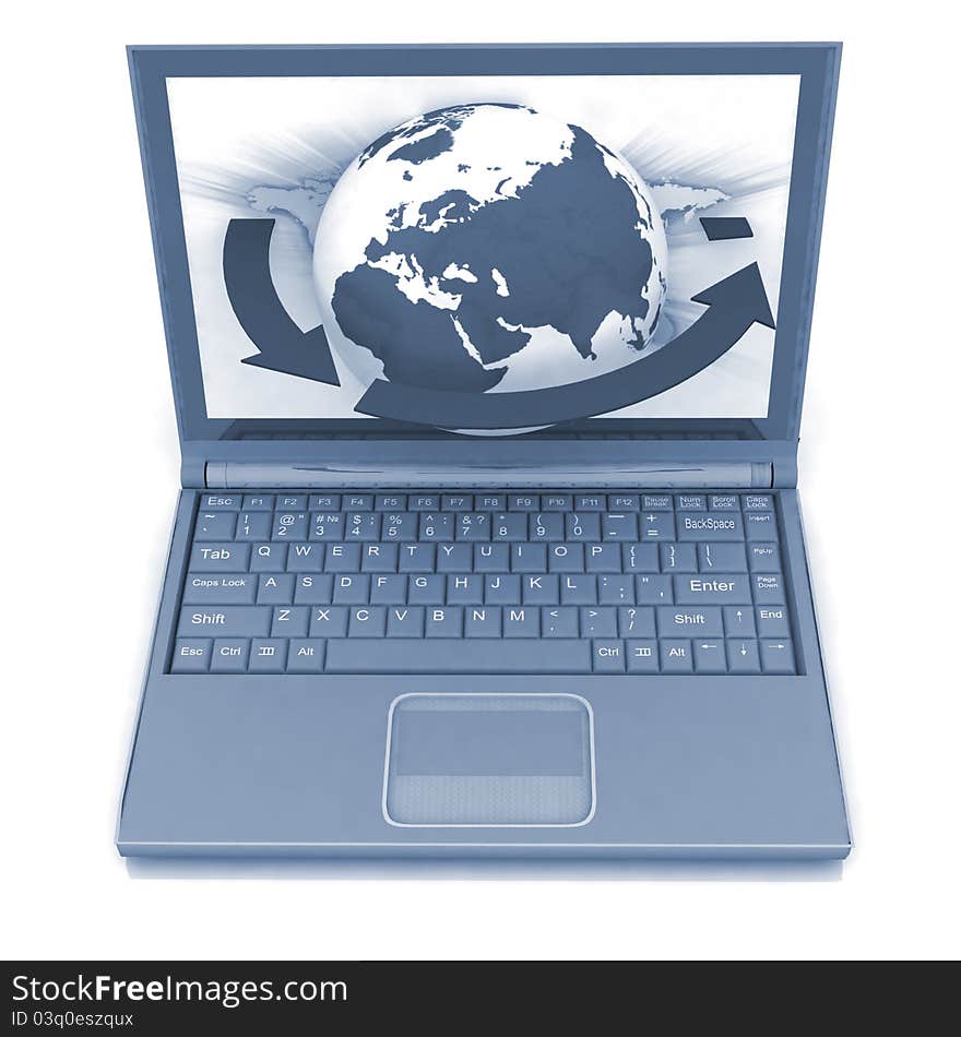 Laptop with a globe on a background the map of the world