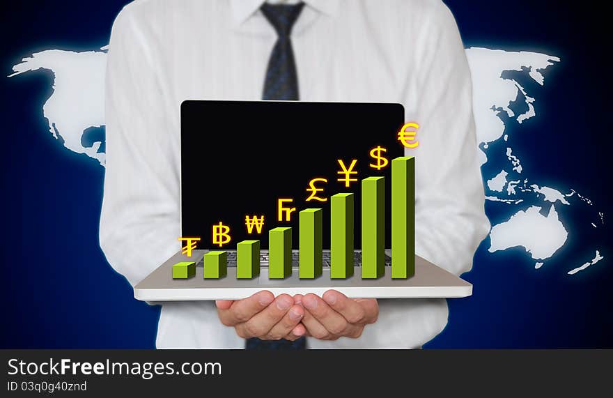 Businessman Holding Laptop With Currency Graph