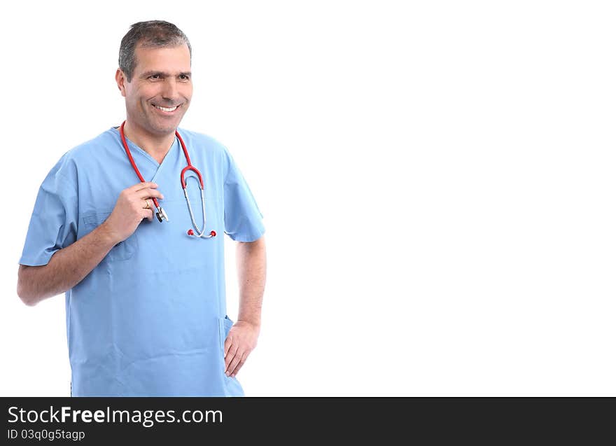 Doctor holding a stethoscope in a white background