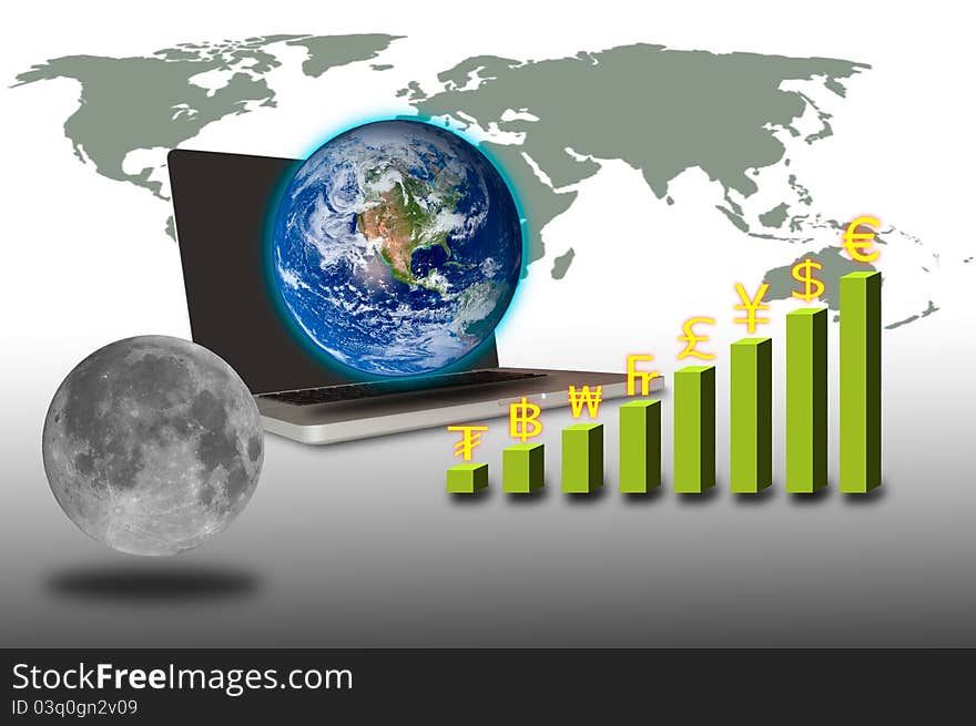 Earth over laptop with a currency graph and moon