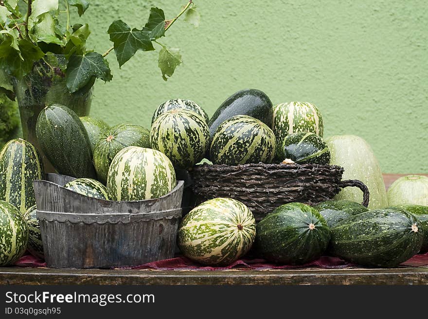 Green courgettes / zucchini on a display. Green courgettes / zucchini on a display