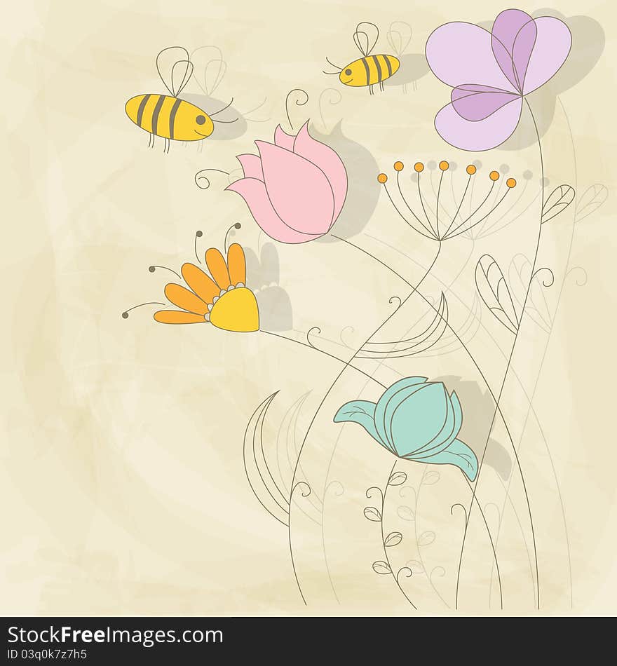 Vector picture with flowers and bee. Vector picture with flowers and bee