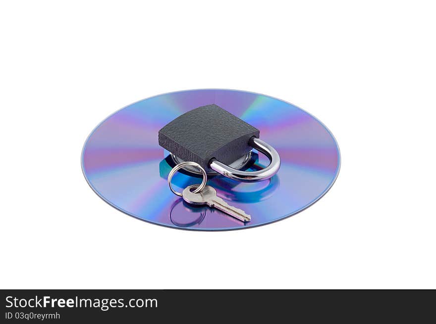 Padlock and key on cd isolated.