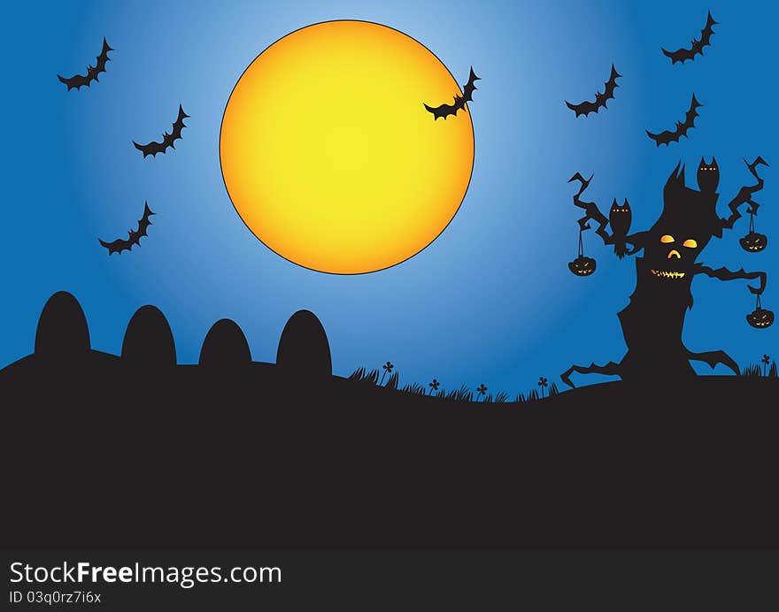 Illustration of halloween night- tree and bats