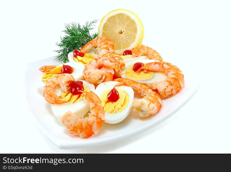 Ready snack with shrimps on white background. Ready snack with shrimps on white background