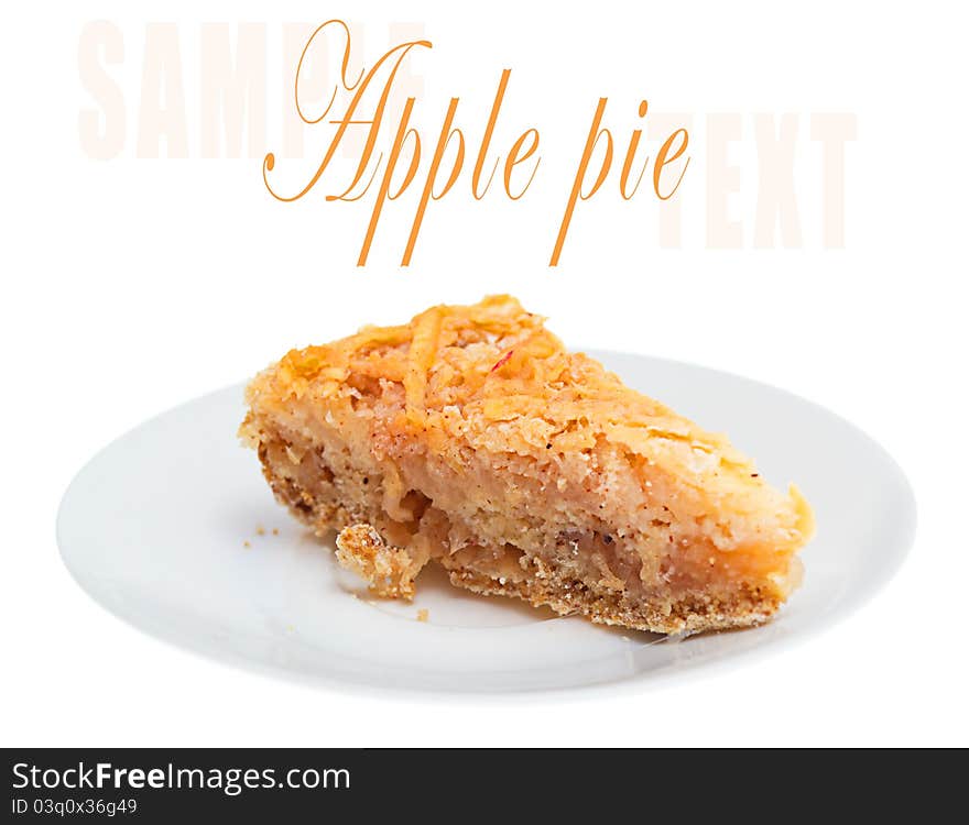 Fresh apple pie on a white plate with sample text