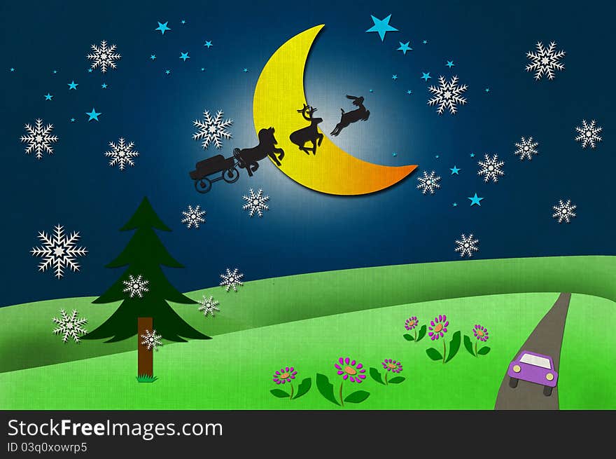 Rural view and Santa Claus's animal with Moon and star recycled papercraft