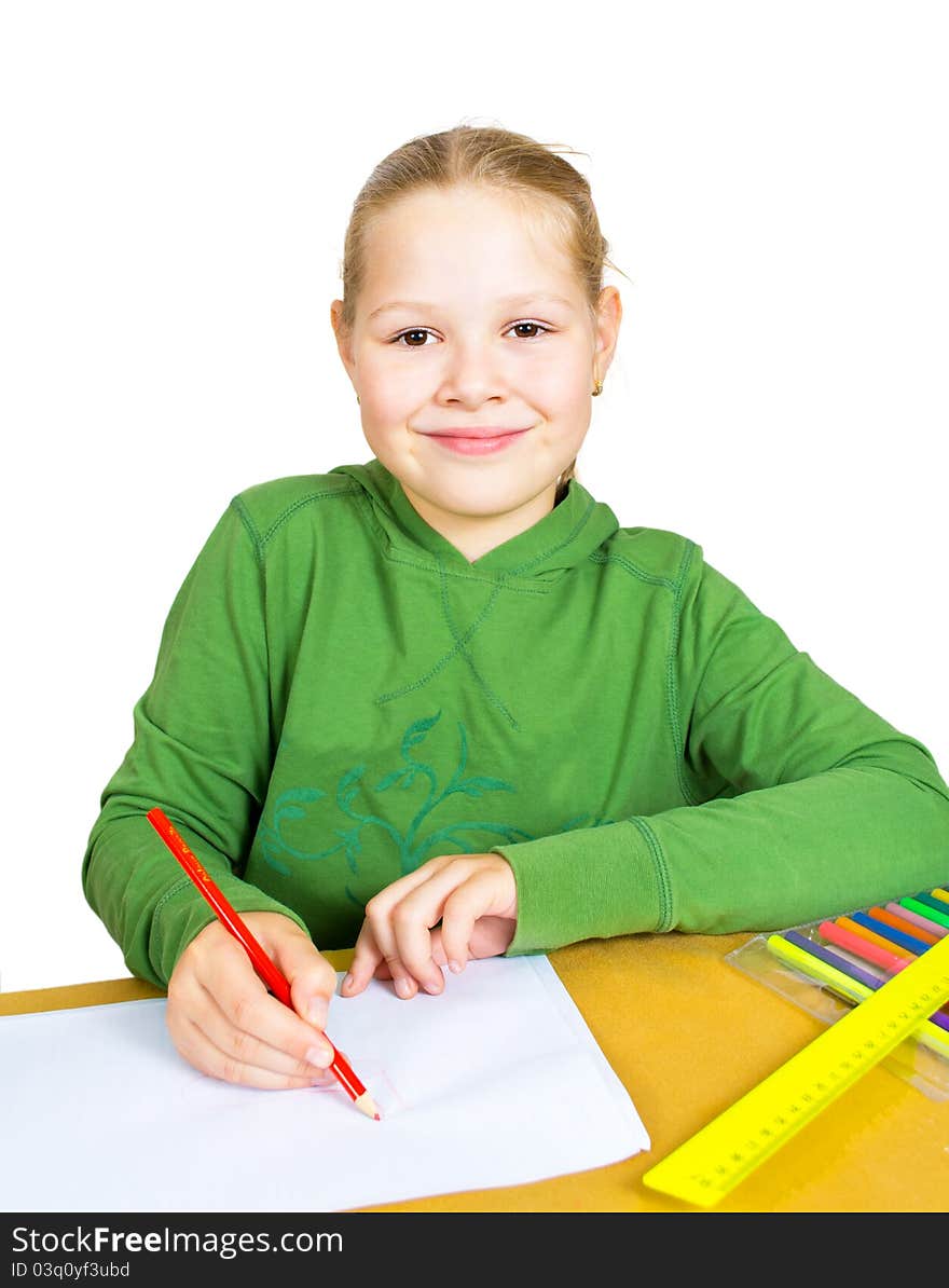 Child draw with colorful pencils, isolated over white