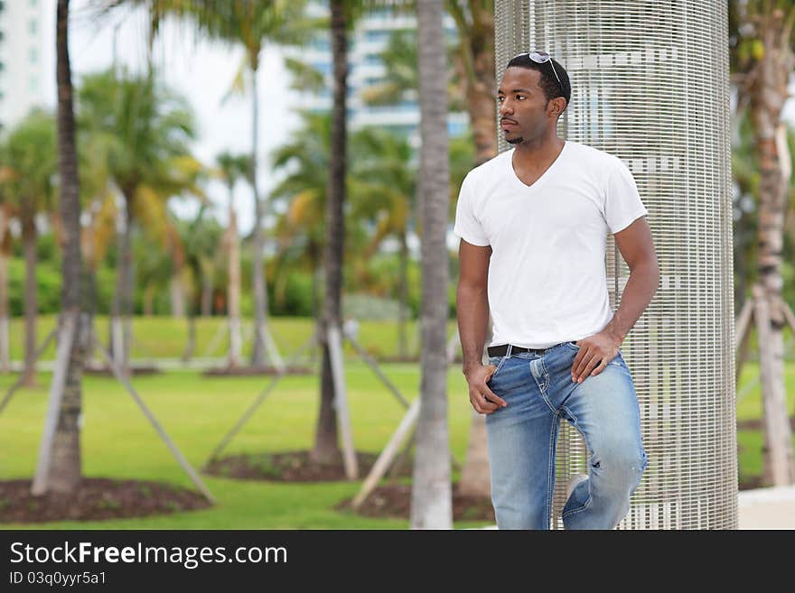 Image of a handsome young black man casually posing in the park. Image of a handsome young black man casually posing in the park