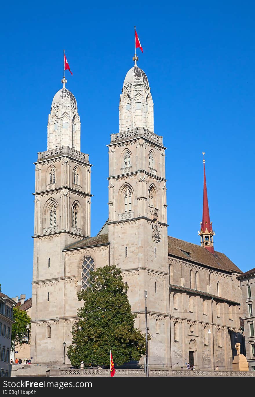 Famous double-headed Grossmunster cathedral in Zurich, Switzerland