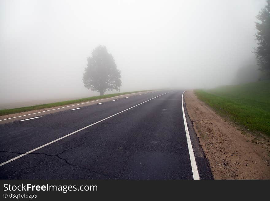 Dense fog covering the small asphalted road. Dense fog covering the small asphalted road