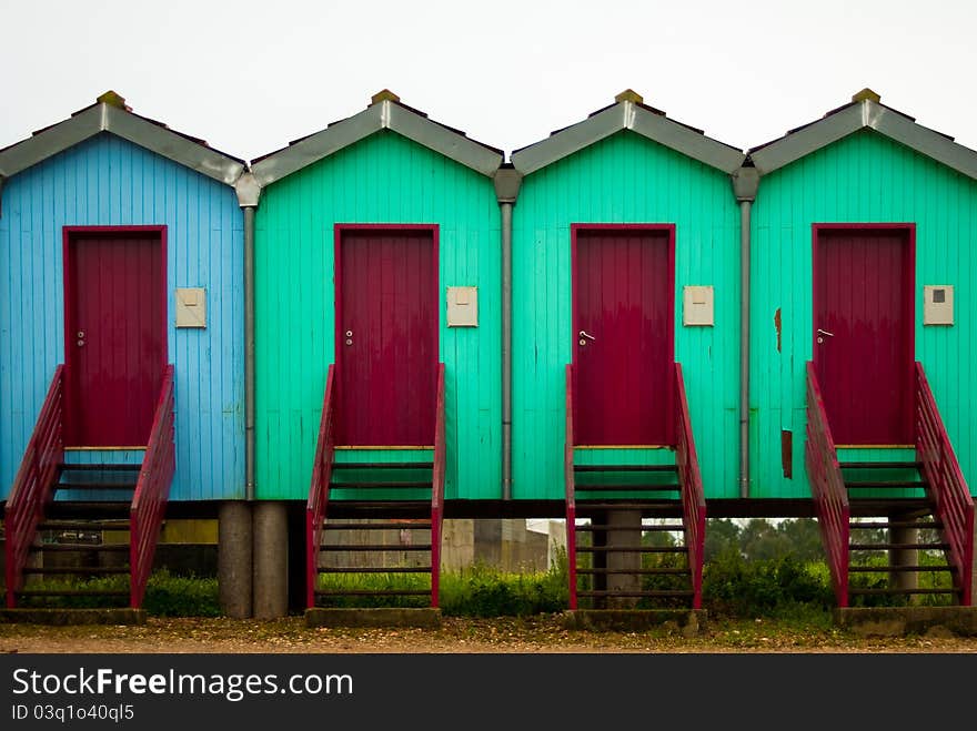 Traditional huts where portuguese fishermen keep their work tools. Traditional huts where portuguese fishermen keep their work tools