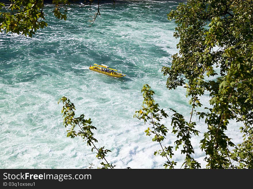 Boat approaching the Rhine Falls