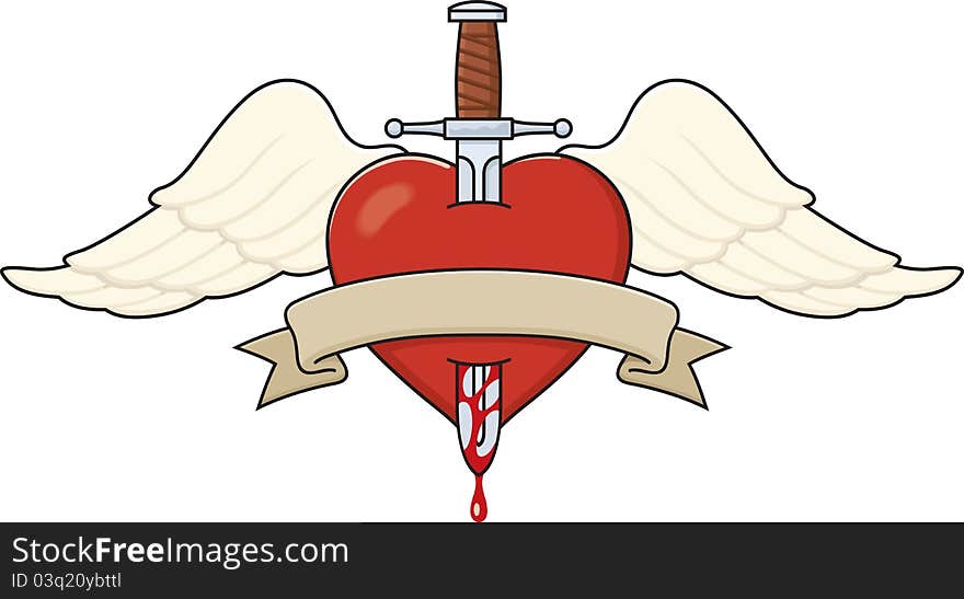 Illustration of a winged heart stabbed by a dagger. Features a banner for text. Illustration of a winged heart stabbed by a dagger. Features a banner for text.