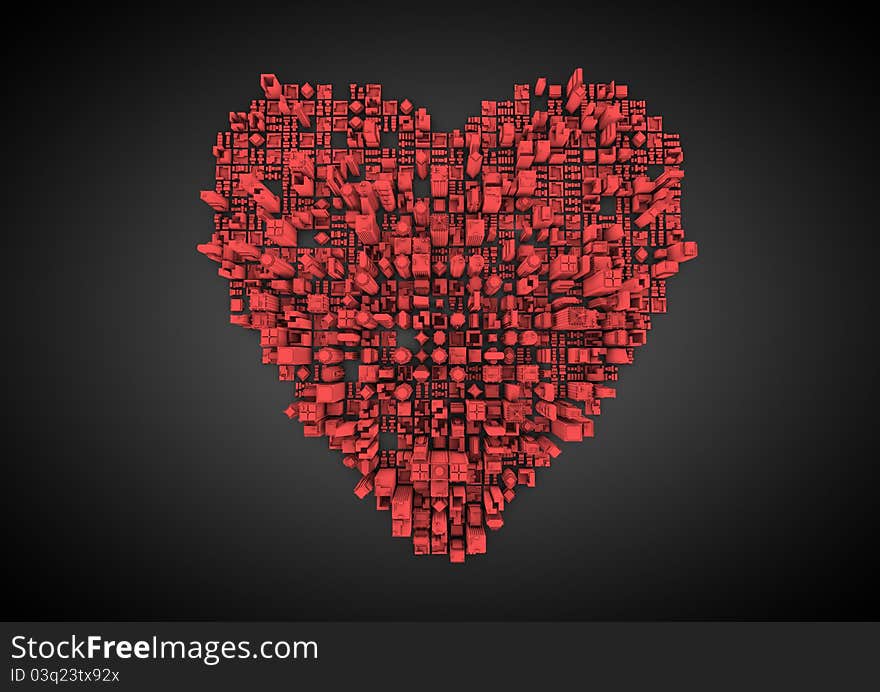 Render of a red city in the shape of a heart. Render of a red city in the shape of a heart