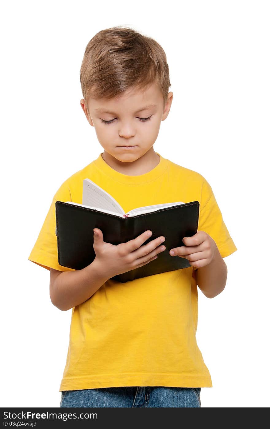 Portrait of little schoolboy with book on white background. Portrait of little schoolboy with book on white background