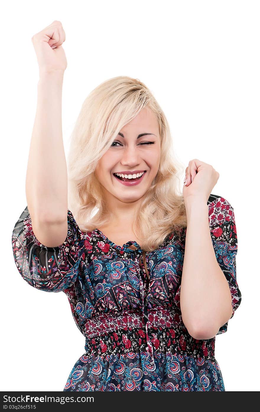 Portrait of attractive young woman with clenched fists celebrating success - isolated on white background. Portrait of attractive young woman with clenched fists celebrating success - isolated on white background