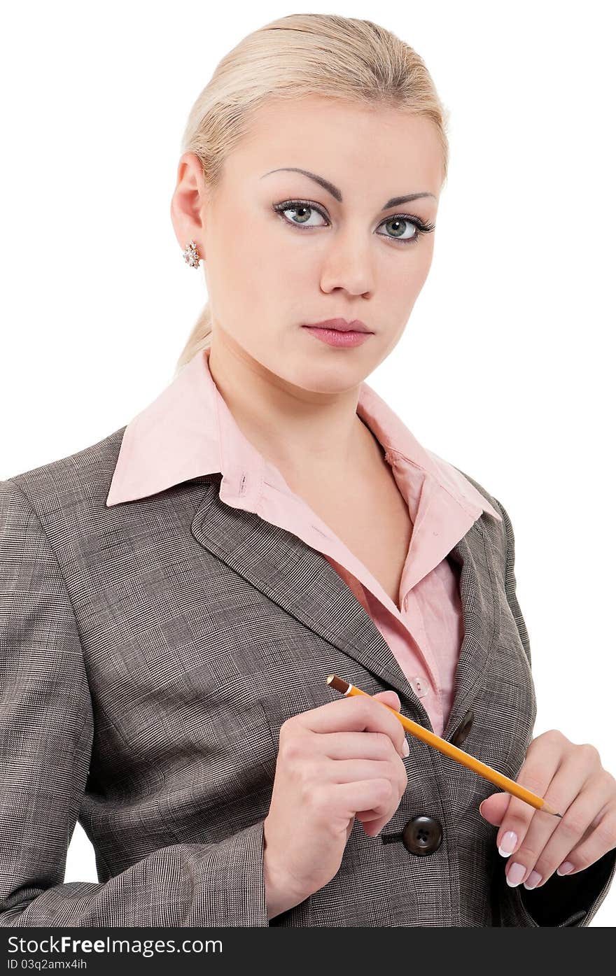 Portrait of a beautiful caucasian businesswoman or teacher with pencil. Portrait of a beautiful caucasian businesswoman or teacher with pencil