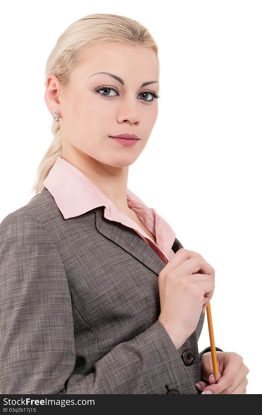 Portrait of a beautiful caucasian businesswoman or teacher with pencil. Portrait of a beautiful caucasian businesswoman or teacher with pencil