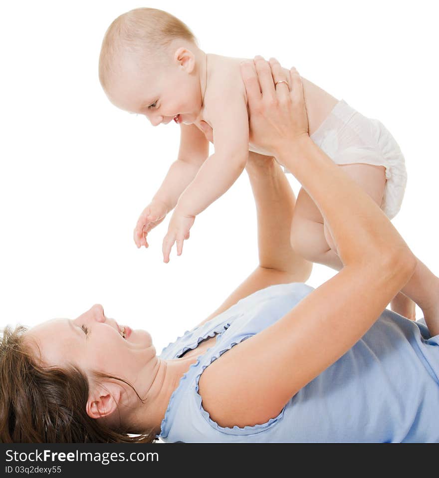 Mother with a baby on a white background