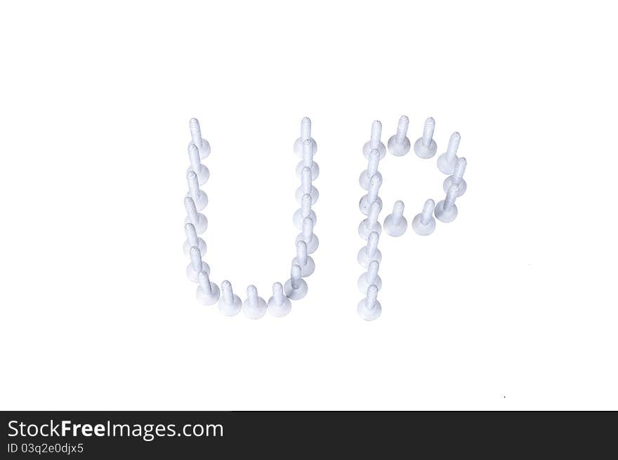 An UP shape with zinc plated screws in upright position on white background. An UP shape with zinc plated screws in upright position on white background