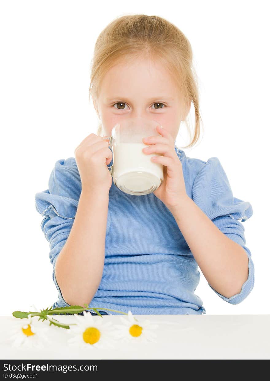 Girl drinking milk on a white background.