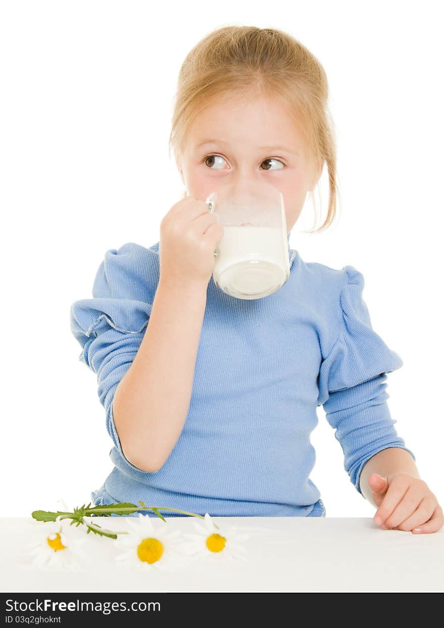 Girl drinking milk on a white background.