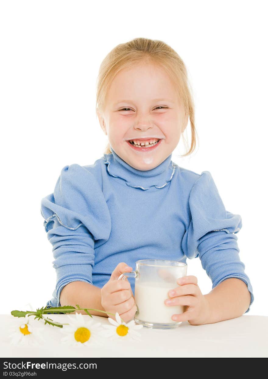 Girl drinking milk on a white background.