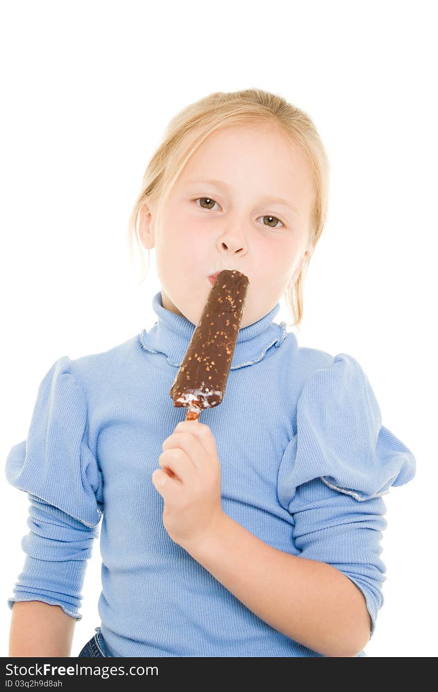 Girl eating ice cream on a white background.