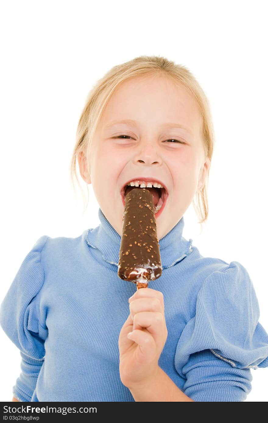 Girl eating ice cream on a white background.