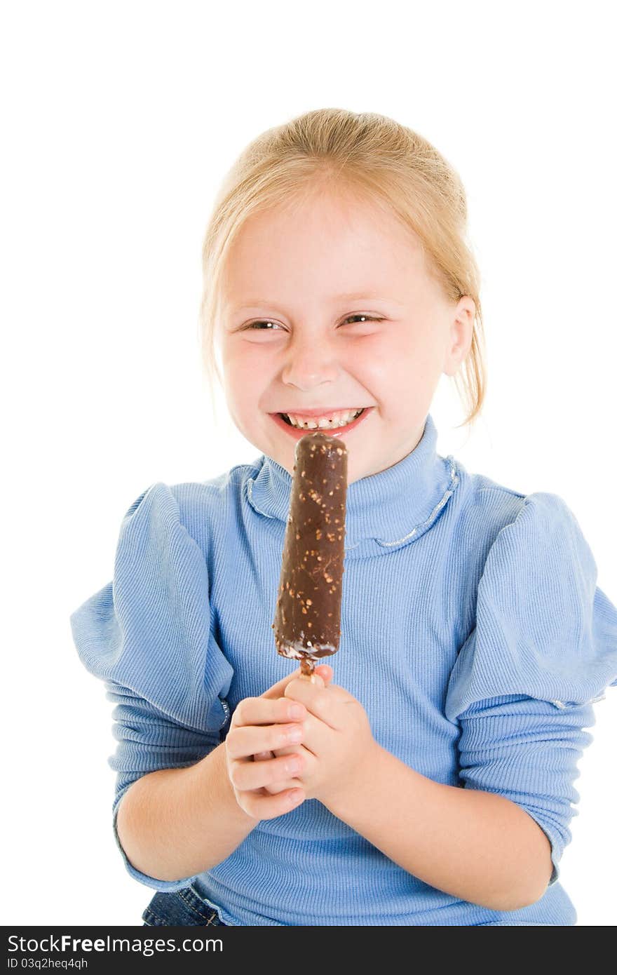 Girl eating ice cream on a white background.