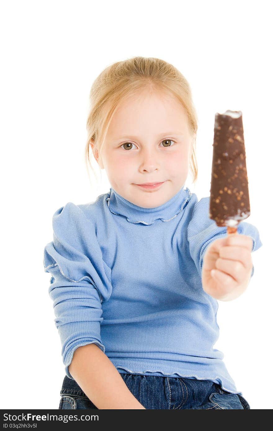 Girl eating ice cream on a white background.