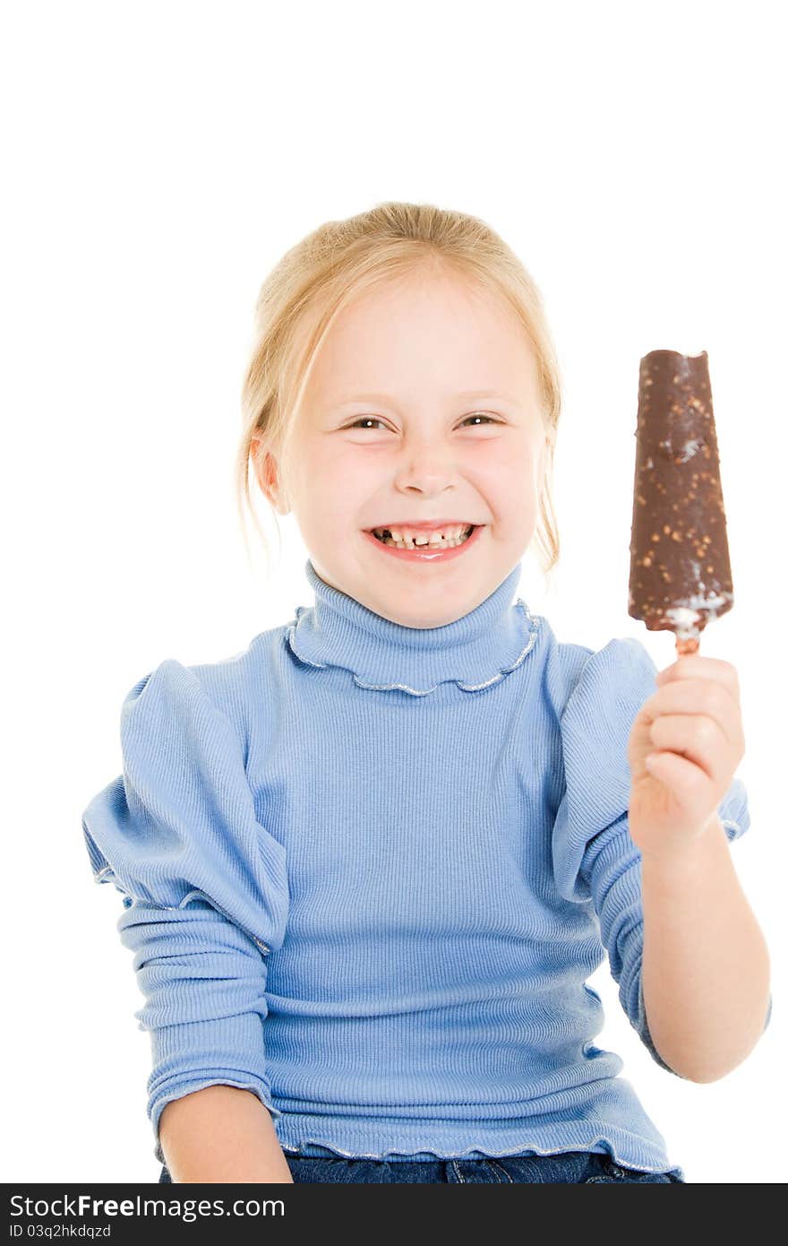 Girl eating ice cream on a white background.