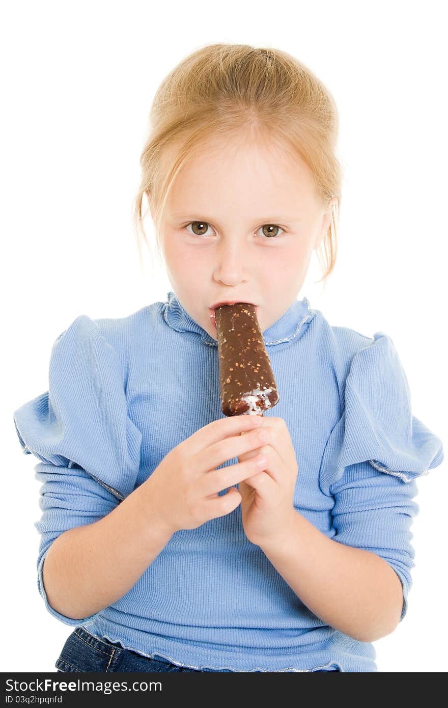 Girl eating ice cream on a white background.