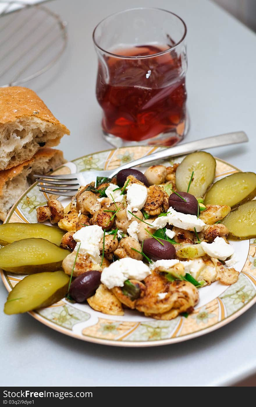 Romanian breakfast: mushrooms omelet, olives, goat cheese, pickles. Romanian breakfast: mushrooms omelet, olives, goat cheese, pickles