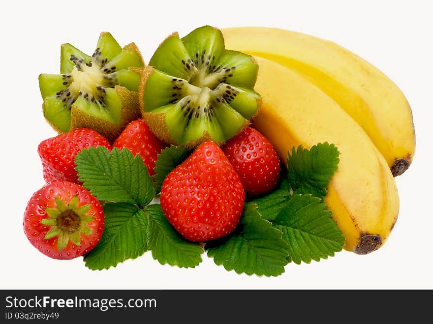 Bananas, kiwi and strawberry isolated on a white background. Bananas, kiwi and strawberry isolated on a white background