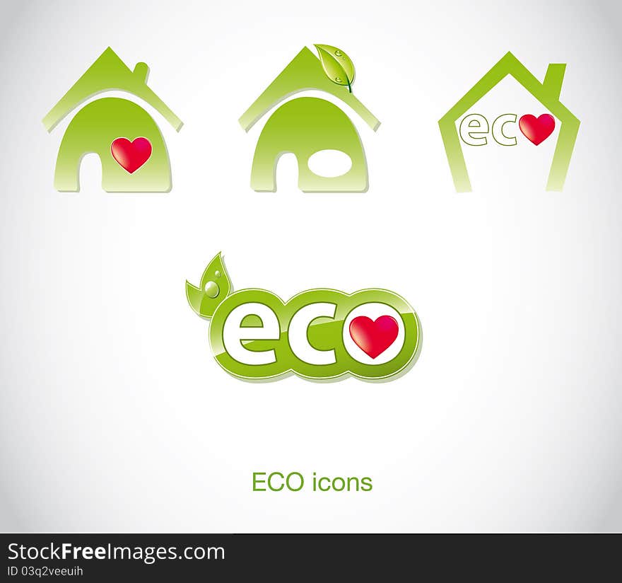 Set of green ecology icons house heart. Set of green ecology icons house heart