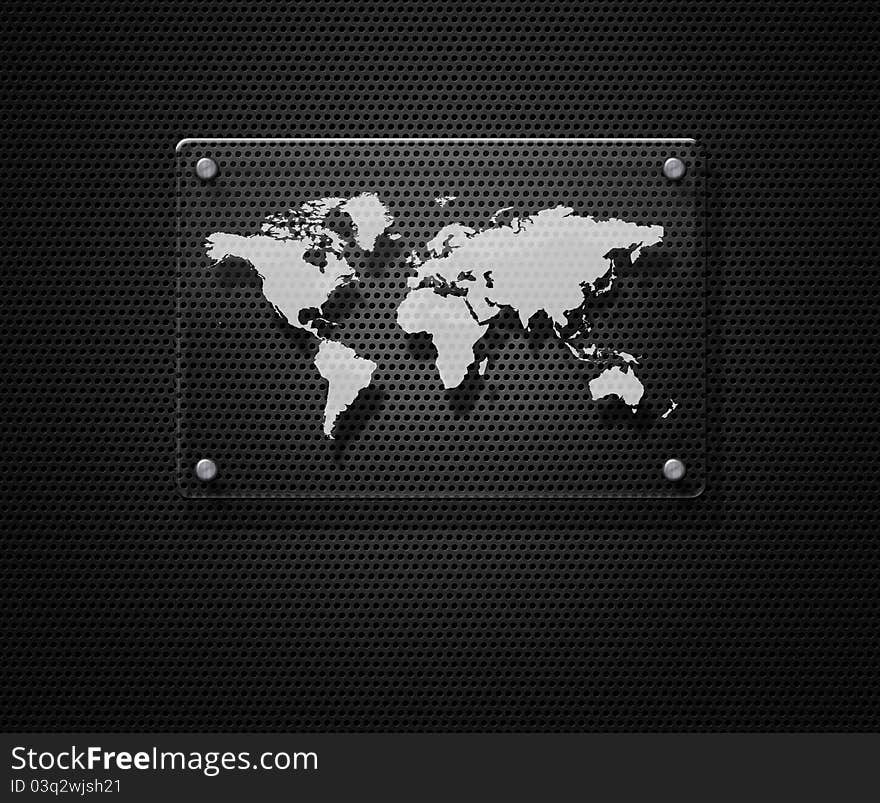 World map on glass plate over industrial background. World map on glass plate over industrial background