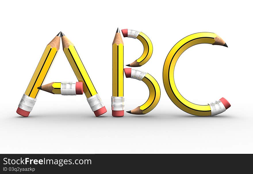 ABC letters made from pencils. 3d render illustration