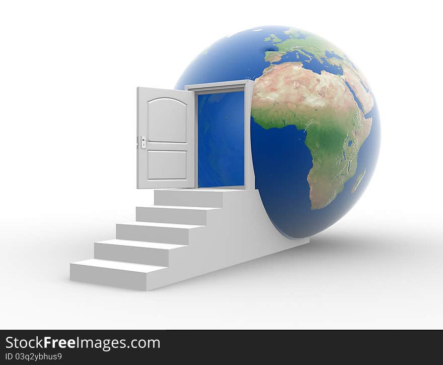 The door opened into a earth globe. 3d render illustration