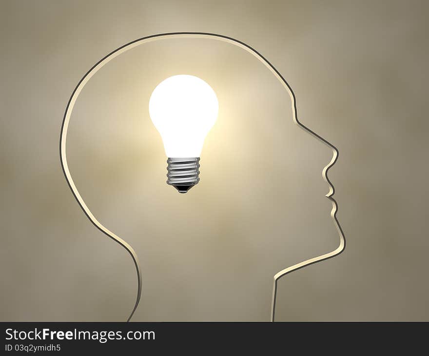 Human head profile with a light bulb - 3d render illustration